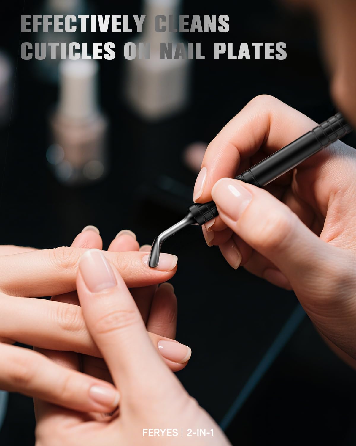 FERYES Upgraded Horseshoe Shape Cuticle Pusher with Fork, 2-in-1 Cuticle Remover Tool, Stainless Steel Cuticle Trimmer Nail Care Tool for Manicures- Black(5.6 Inches)