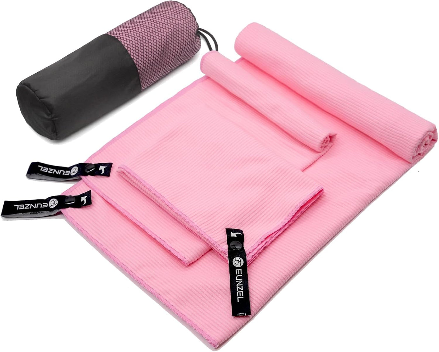 Eunzel Quick Dry Camping Towel, Microfibre Ribbed Towel Travel Towel 3 Sizes 1 Pack Fast Drying Towel Set for Camping, Beach, Gym, Sports, Yoga & Swimming Pool, Pink