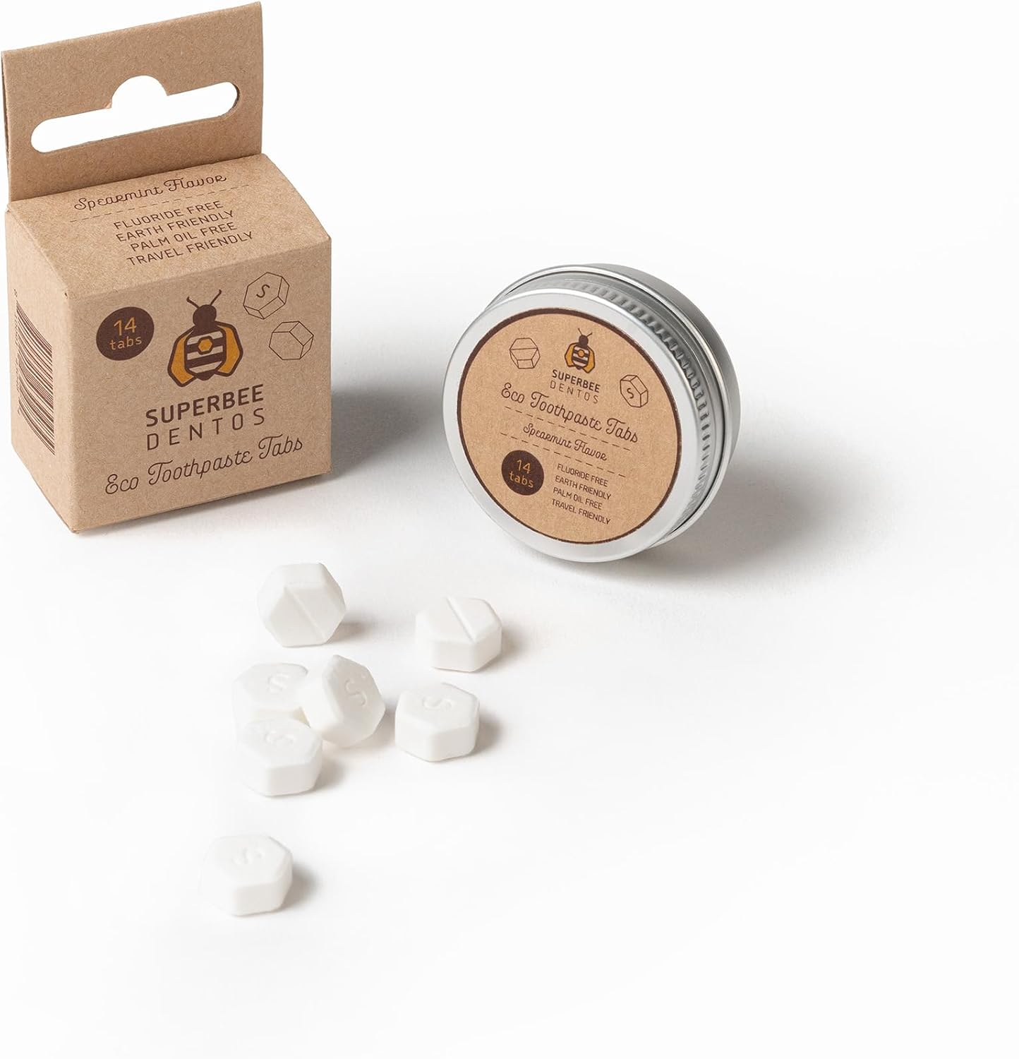 SuperBee Dentos Toothpaste Tablets, 14 Tabs, Fluoride Free & Eco Friendly, Travel Mouthwash Tablets, Sensitive Bites Kids Adults, Chewable Tablet, Spearmint