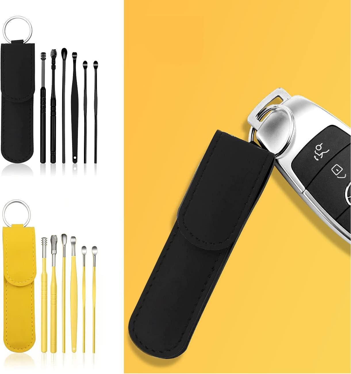 12 Pcs Ear Pick Earwax Removal Kit, Ear Cleaning Tool, Stainless Steel Earwax Removal Tool with Leather Storage Box (Black&Yellow)