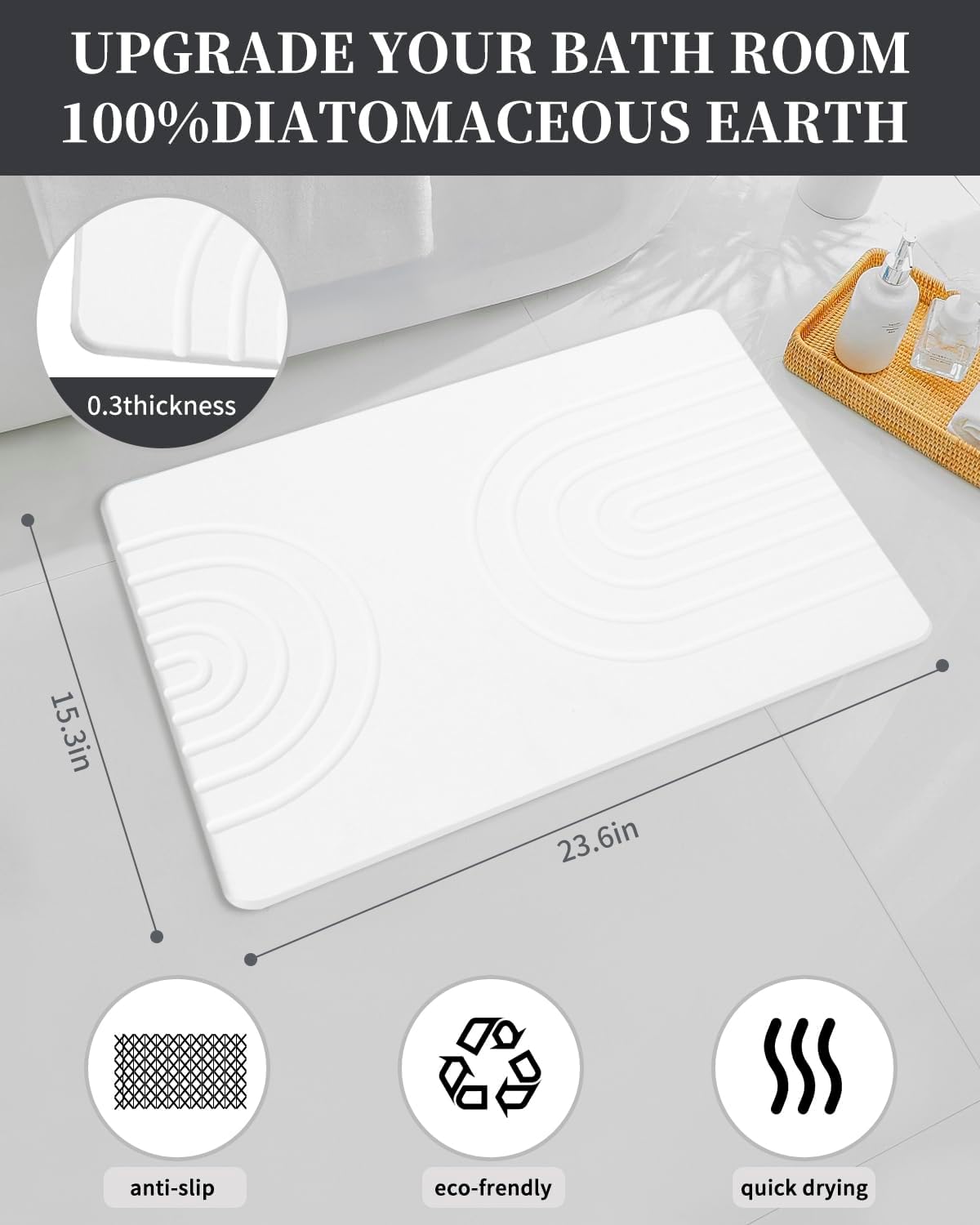 Stone Bath Mat 24"x16" - Diatomaceous Earth Shower Mat, Quick Dry, Anti-Slip, Modern Design with Bonus Non-Slip Pad - Perfect for Home Safety and Style, White,Semicircle