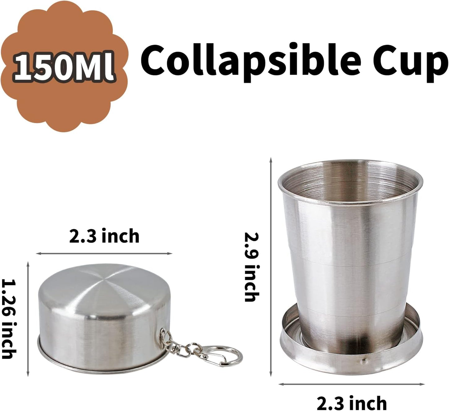 Litoexpe 5oz Collapsible Travel Cup With Keychain, Stainless Steel Folding Camping Cup Portable Drinking Mug For Hiking, Picnic and other Outdoor Activities, 150ml