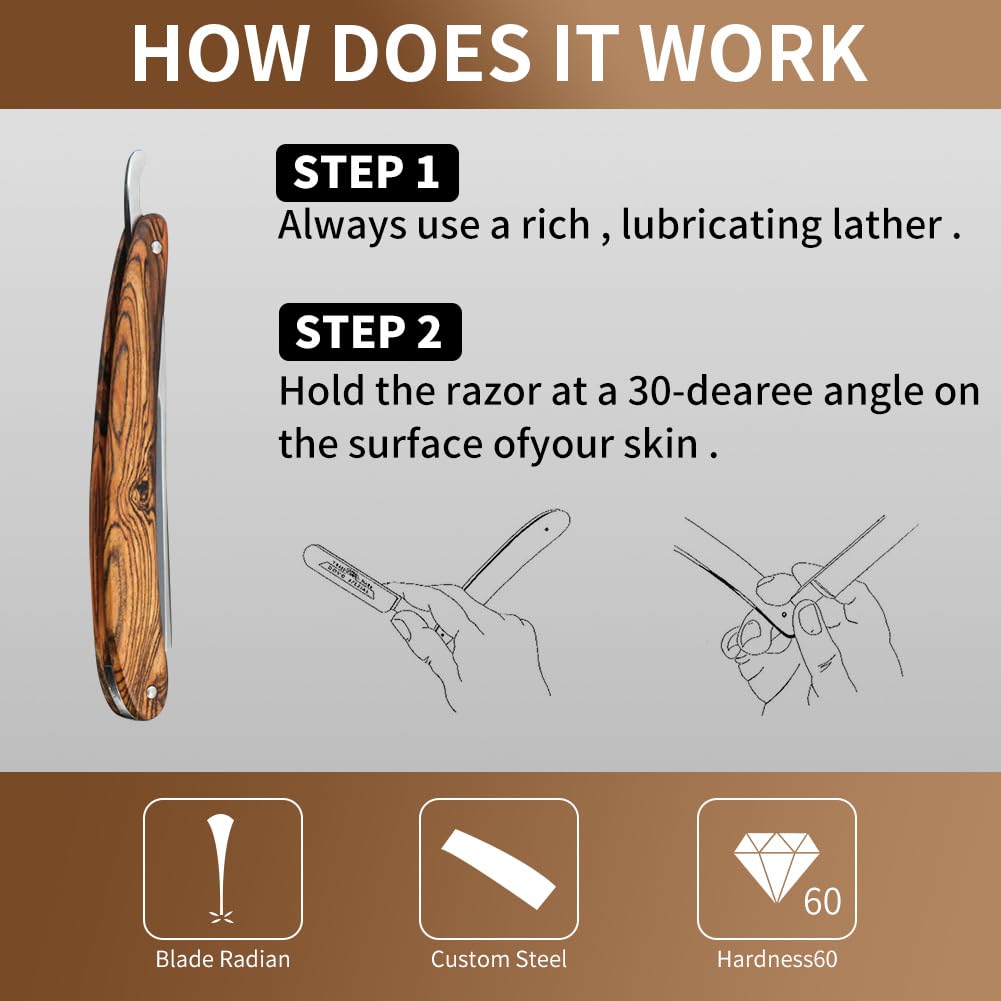 Straight Razor Kit Wooden Handle Shave Ready for Men Barber,Straight Edge Razor Professional Carbon Steel Sharp Shaver with Shaving Strop Brush Shaving Cream for Men Home &Grooming Using