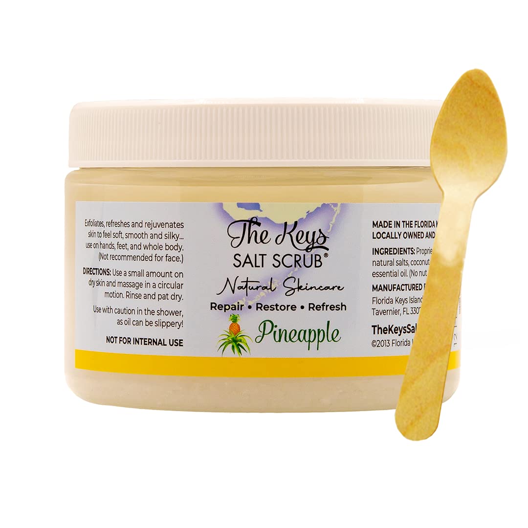 The Keys Salt Scrub -Sea Salt Scrub - Exfoliating Body Scrub with Wooden Spoon - Moisturizing Exfoliator for Hands, Foot, Bath, (12 Ounce (Pack of 1), Pineapple)