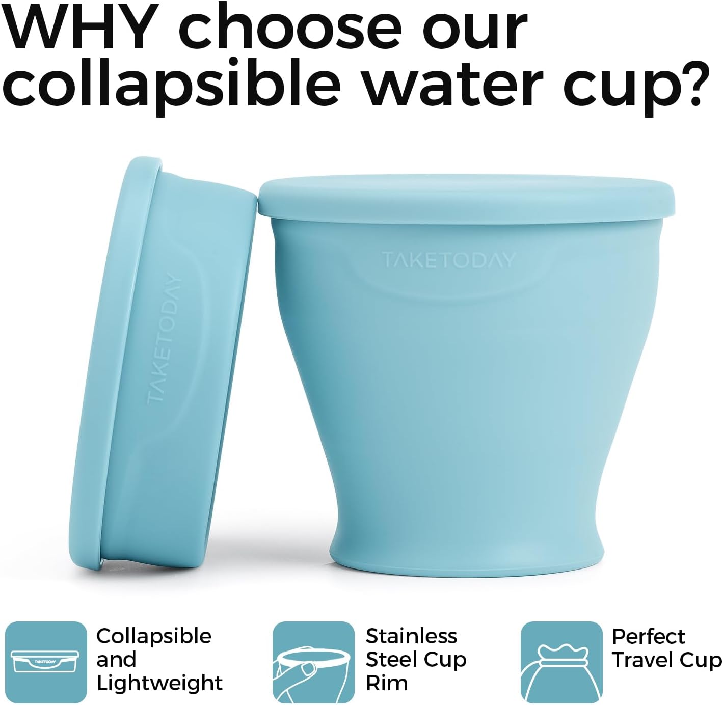 TakeToday Collapsible Travel Cup - Silicone Foldable Water Cup, BPA-Free with Lid & Waterproof Bag - Drinking Cup Set for Office, Camping & International Travel(8 Oz, Blue)