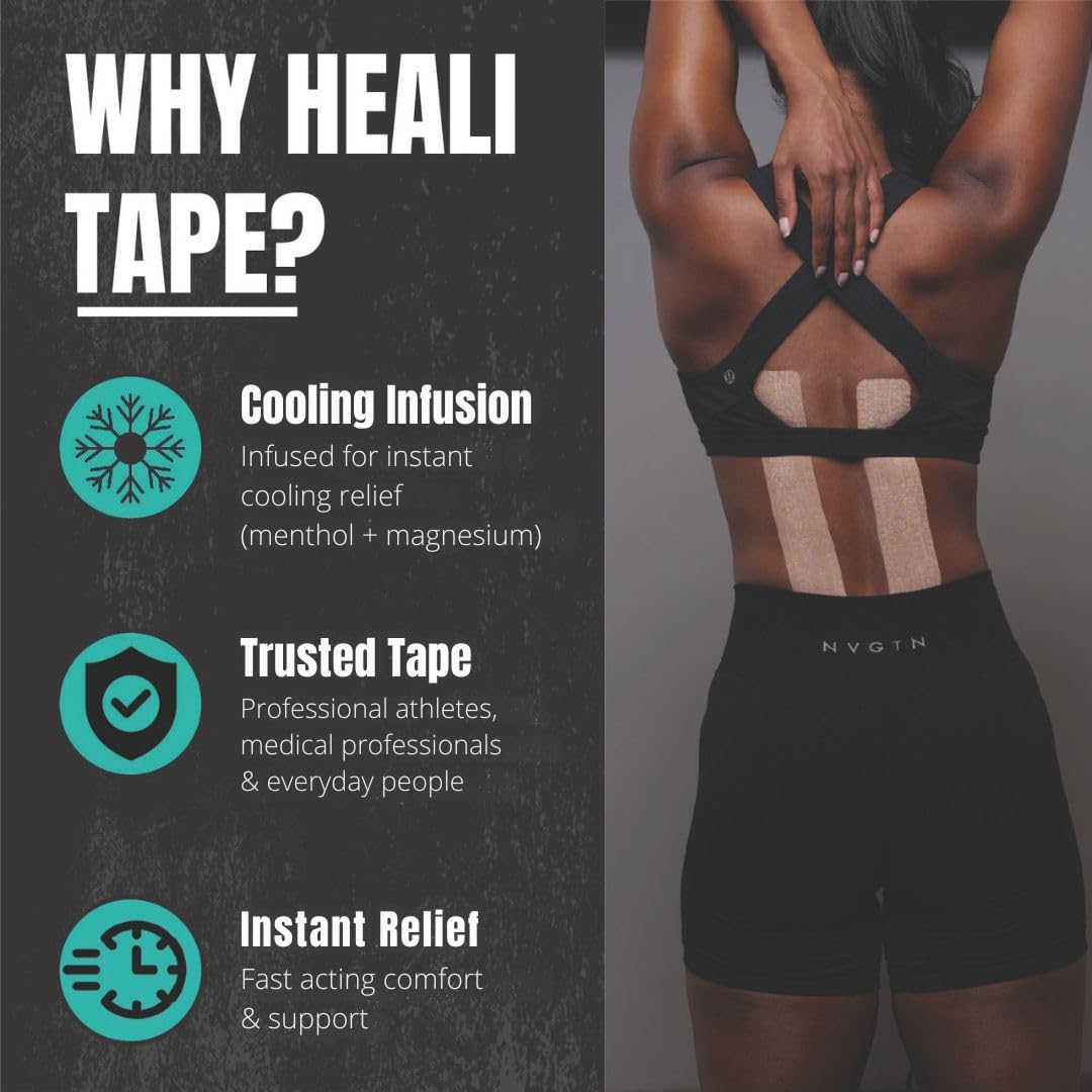 Heali Kinesiology Tape with Magnesium and Menthol, 20 Pcs Precut Strips, K Tape Roll, Knees, Physical Therapy Sports Tape for Knees, Joints & Muscles, Water Resistant, Beige Inspiration