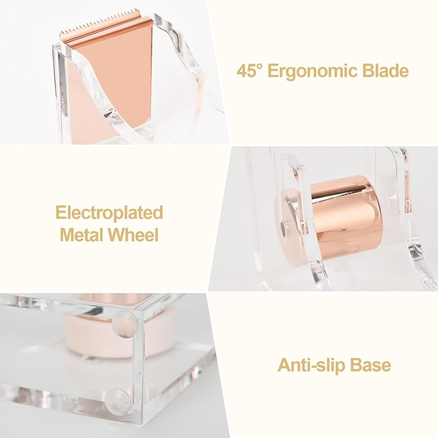 Modern Acrylic Tape Dispenser, Heavy Duty Tape Dispenser with Non-Slip Bace, Single Hand Dispensing Clear Sticker Organizer Perfect for Office, Home, School-Rose Gold