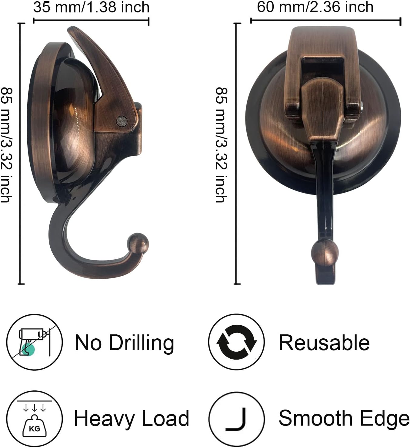 Heavy Duty Vacuum Suction Shower Hooks - Glass Suction Cup Hooks, for Bathroom Robe or Garland Decoration (Antique Brass, 6 Pack)