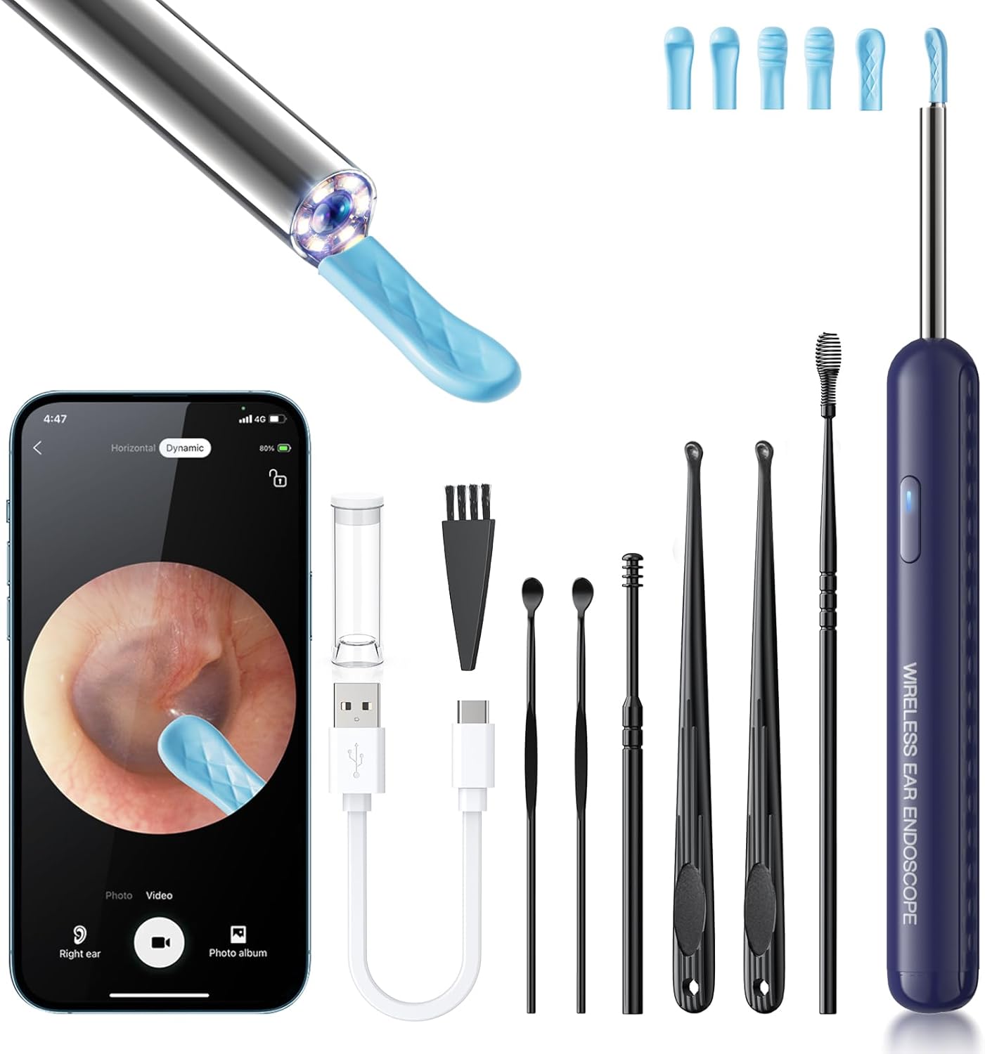 Ear Wax Removal, Ear Cleaner with Camera and Light, Ear Wax Removal Kit with 8 Pcs Set, Ear Wax Removal Tool Camera with 1080P, Ear Cleaning Kit with 6 Spoons, Ear Camera for iOS & Android (Blue)