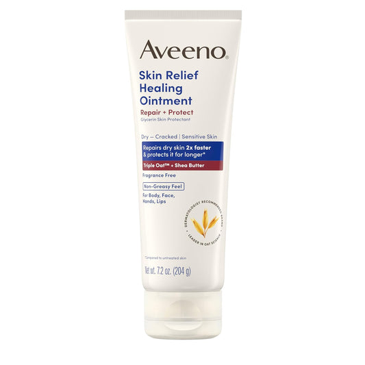 Aveeno Skin Relief Healing Ointment, 72-Hour Skin Protectant with Triple Oat & Shea Butter for Extra Dry, Cracked & Sensitive Skin, Fragrance-Free & Multi-Use for Lips, 7.2 oz