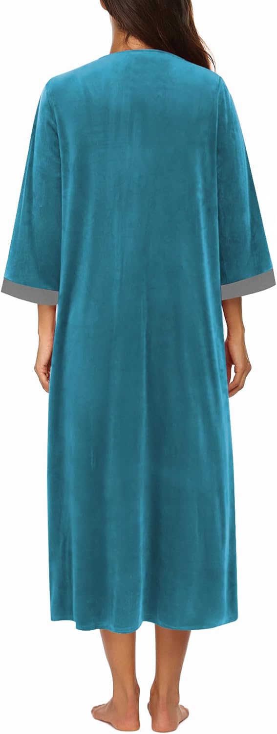 Ekouaer Women Zipper Robe 3/4 Sleeves Loungewear Dress Full Length Sleepwear Pockets Housecoat Nightgown Long Bathrobe