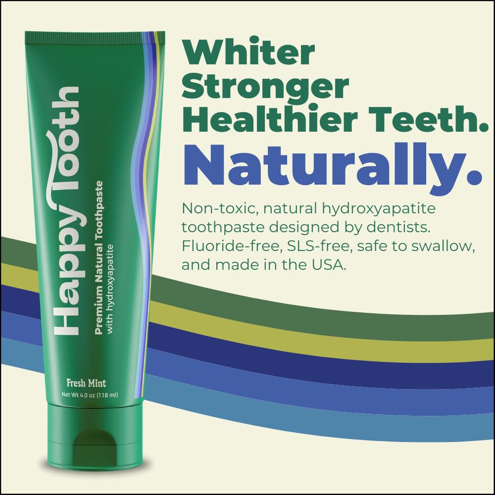 Happy Tooth Hydroxyapatite Toothpaste, Fluoride Free, Natural Whitening for Kids, Toddlers and Adults, SLS Free, Enamel Safe, Dentist Formulated with Clean Ingredients, Fresh Mint Flavor, 4.0 oz