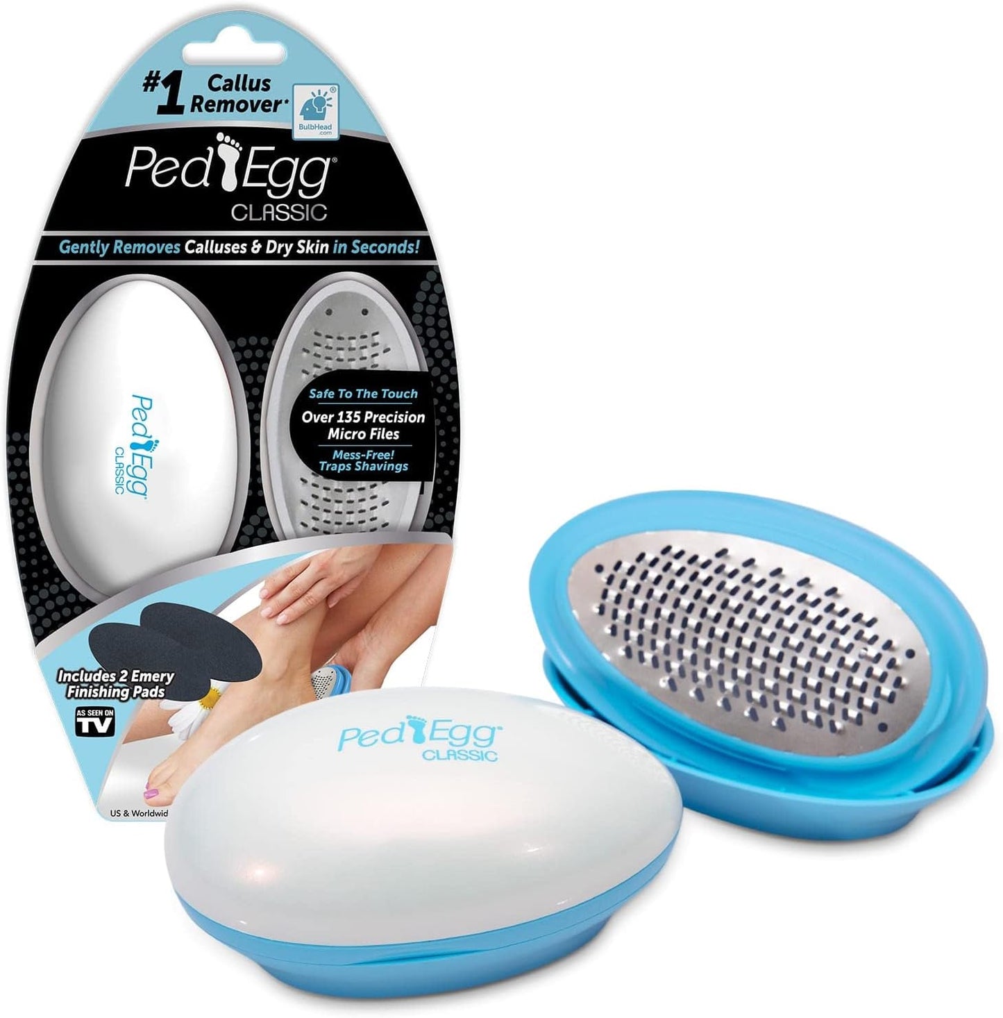 PedEgg Classic Callus Remover, As Seen On TV, New Look, Safely & Painlessly Remove Tough Calluses Dry Skin to Reveal Smooth Soft Feet, 135 Precision Micro-Blades, Traps Shavings