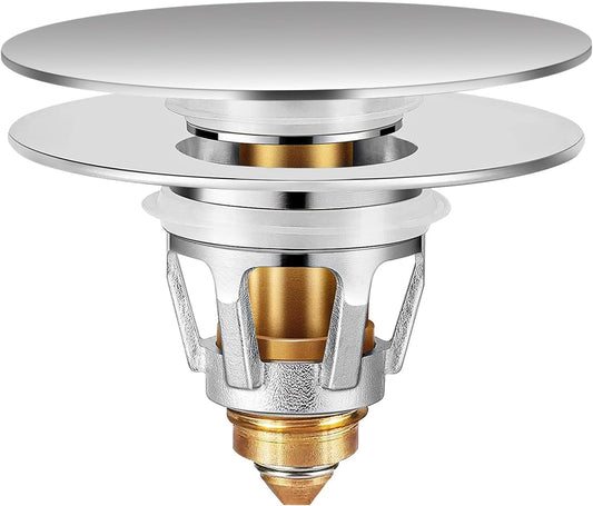 Universal Bathroom Sink Stopper with Hair Catcher, for 1.04-1.97 Inch Drain Hole, Spring Core Bathtub Drain Cover, Pop Up Sink Plug Basin Drain Strainer, Large Lid