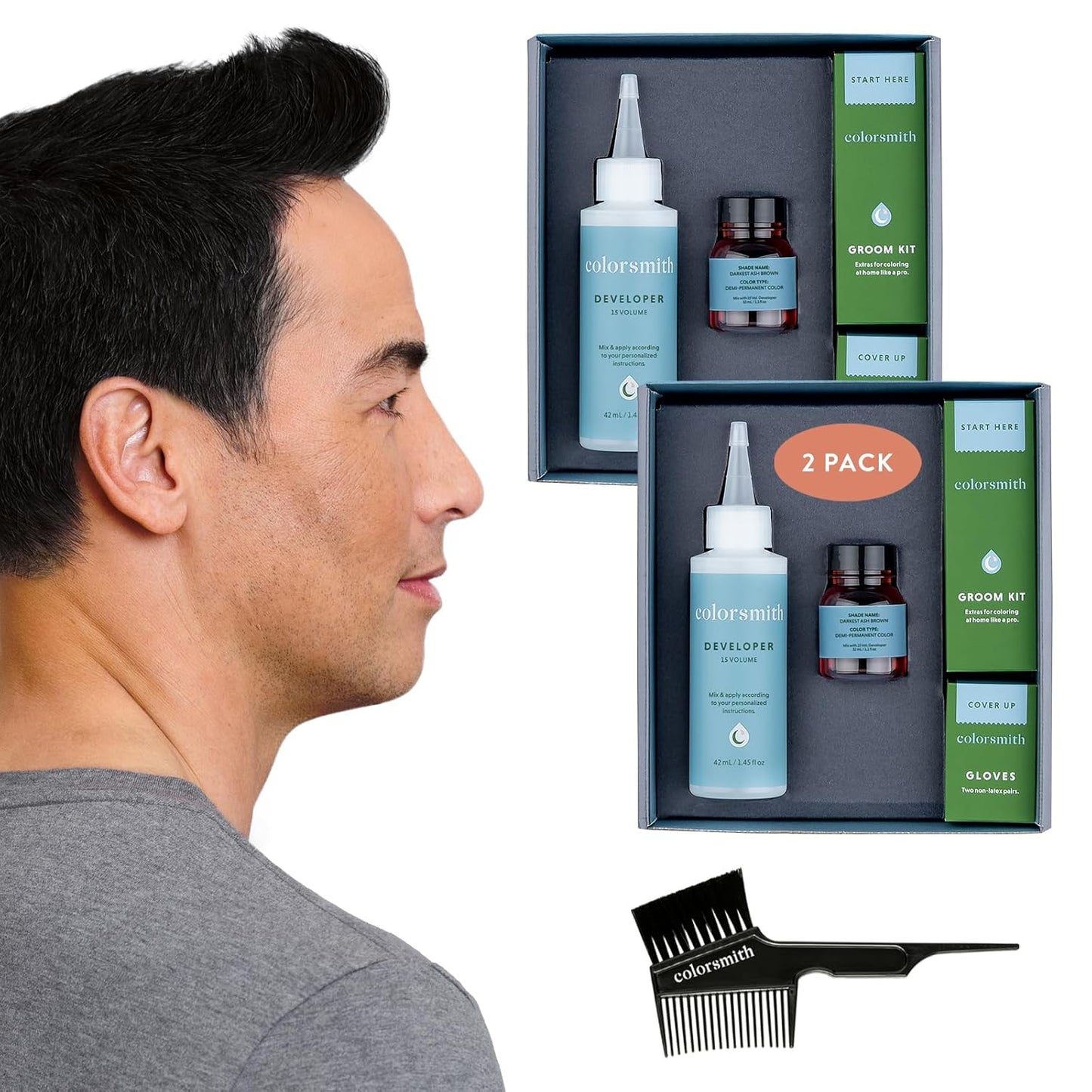 Hair & Beard Color for Blending Grays 2 pack - Darkest Ash Brown - Ammonia-Free Complete Men’s At-home Beard & Hair Dye Kit, Professional-grade Demi-Permanent Hair Color (3.1)