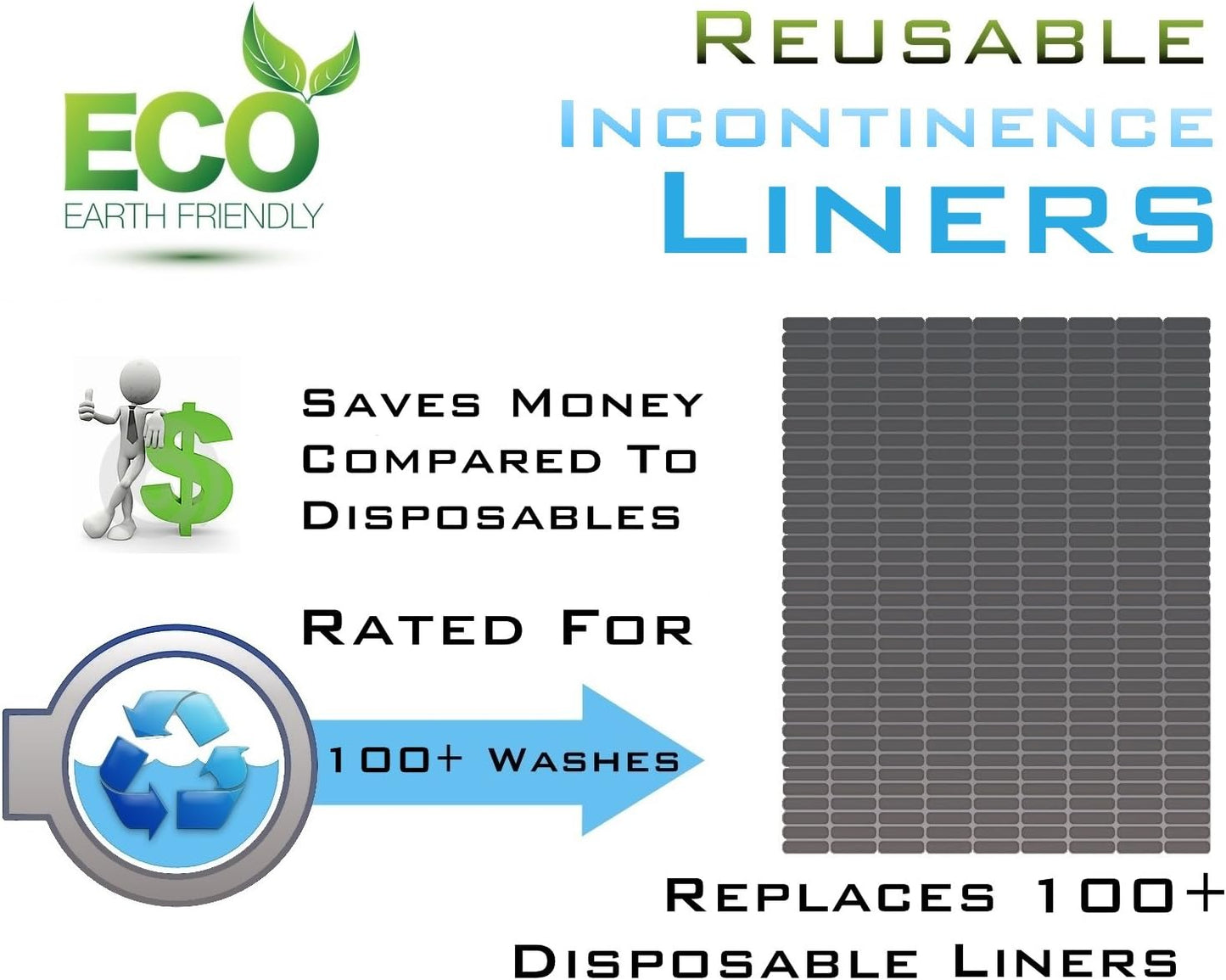 Comfort Finds Reusable Incontinence Liners - Unisex - Size 11" x 5" (Pack of 6, White)