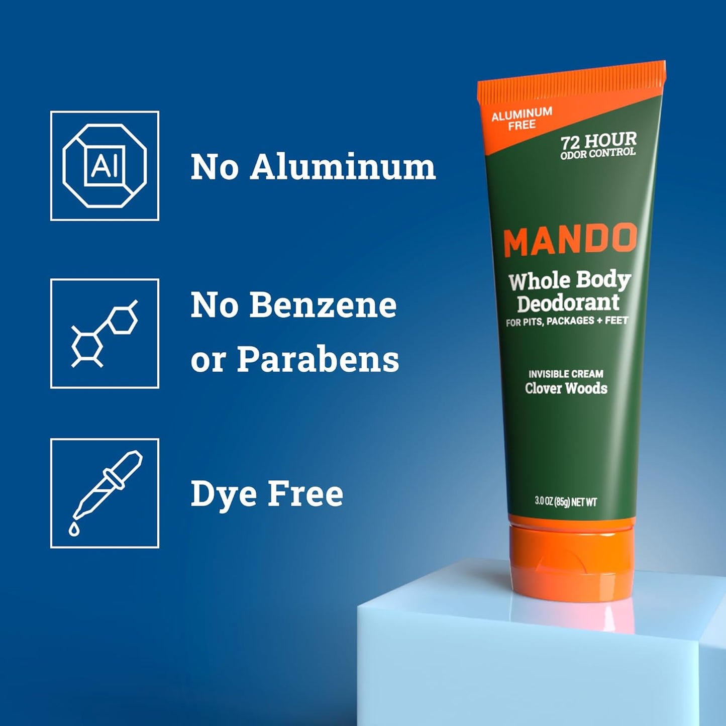 Mando Whole Body Deodorant For Men - Invisible Cream - 72 Hour Odor Control - Aluminum Free, Baking Soda Free, Skin Safe - 3 Ounce Tube (Pack of 2) - Clover Woods