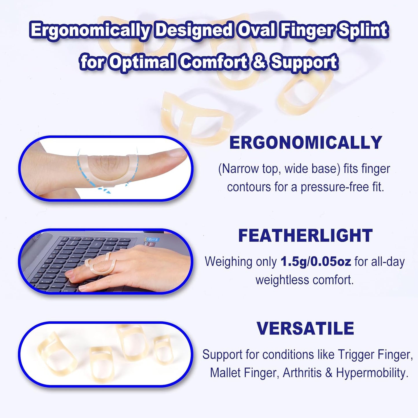 8Pcs Oval Finger Splints & Click-Lock Adjustment Kit, 4 Graduated Finger Ring Splint & 4 Splint Adjustment, Finger Braces for Arthritis, Mallet, Straightening, Support (Size 4-7)