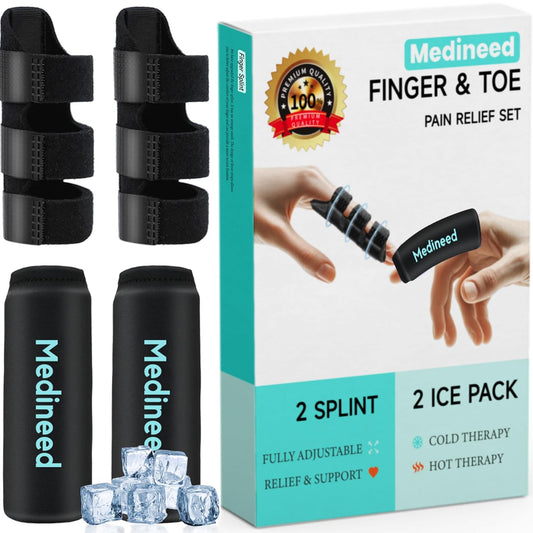 2PCS Finger Ice Pack & 2PCS Trigger Finger Splint, Thumb Splint & Sleeves Cold for Pain Relief, Reusable Compression Thumb Brace for Toe Injuries, Arthritis, Sprains (Black2+2)