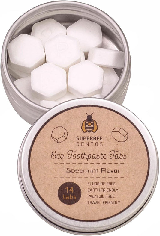 SuperBee Dentos Toothpaste Tablets, 14 Tabs, Fluoride Free & Eco Friendly, Travel Mouthwash Tablets, Sensitive Bites Kids Adults, Chewable Tablet, Spearmint
