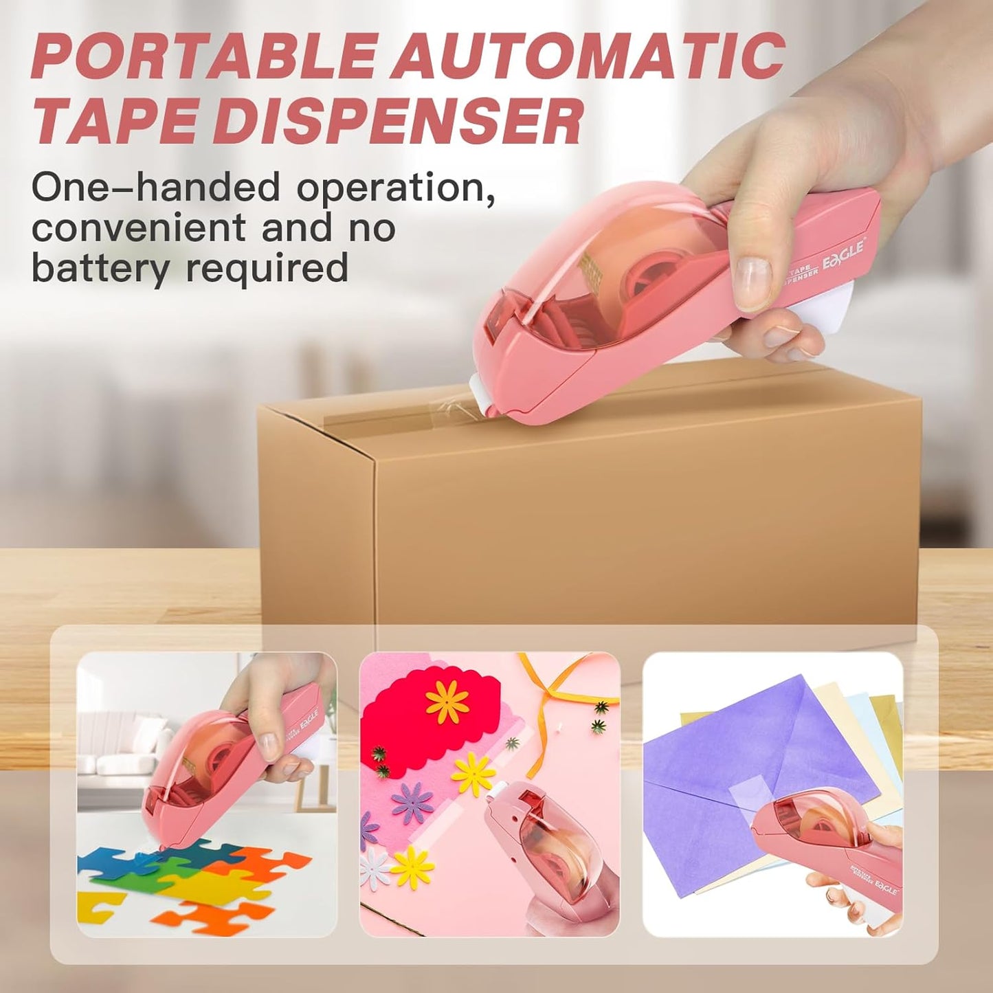 Eagle Automatic Tape Dispenser, Handheld & Portable Design, Office Tape Gun, One-Handed Operation with Safety Blade for Office, Home, DIY or Packaging (Includes 2 Free Tapes)(Flamingo Pink)