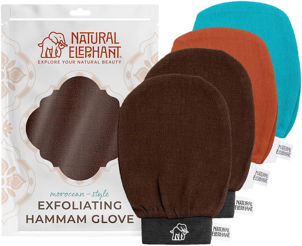 Natural Elephant Exfoliating Kessa Glove - Face and Body Exfoliator Hammam Mitt (2 Brown. Orange and Teal (Pack of 4))