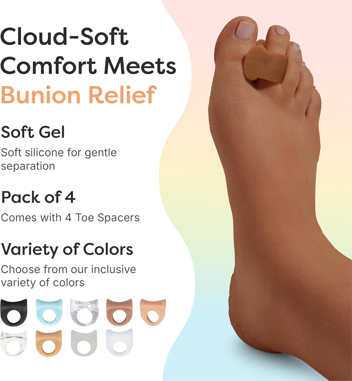 ZenToes Gel Toe Separators for Overlapping Toes, Bunions, Big Toe Alignment, Corrector and Spacer - 4 Pack (Honey)