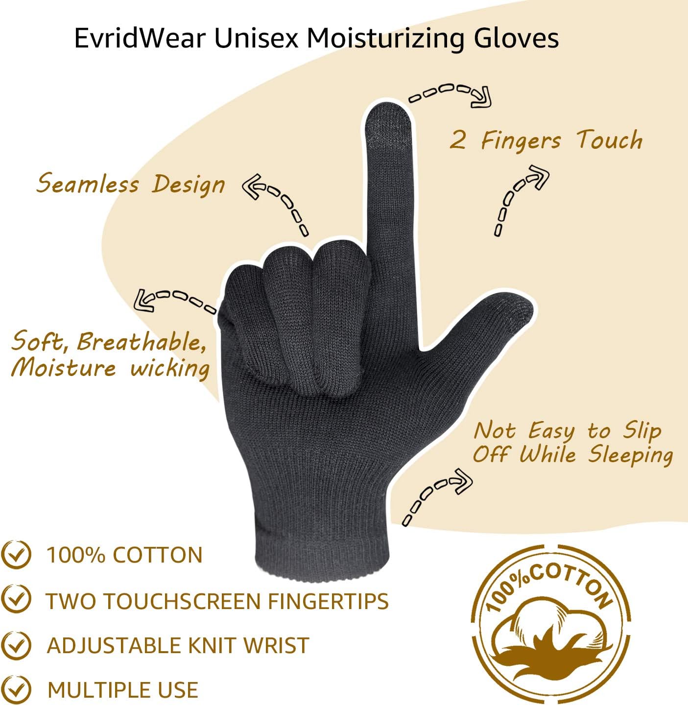 Evridwear Men Moisturizing Cotton Gloves with Touchscreen Fingertips for Eczema Beauty Cosmetic Dry Hands Sensitive Irritated Skin Therapy Overnight Bedtime, 6 Pairs, Lightweight-Black, S/M