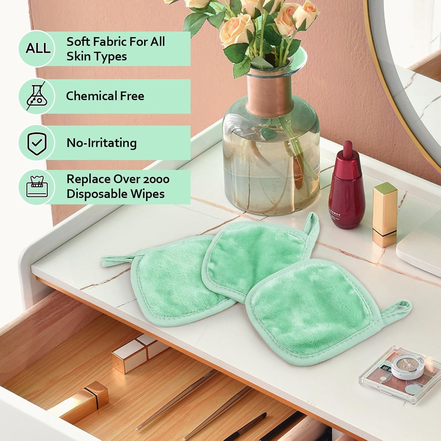 HOMEXCEL Makeup Remover Cloth 12 Count (Pack of 1), Reusable Makeup Remover Pads, Washable Ultra Soft Facial Cleansing Cloths for All Skin Types, 5 X 5 In, Green