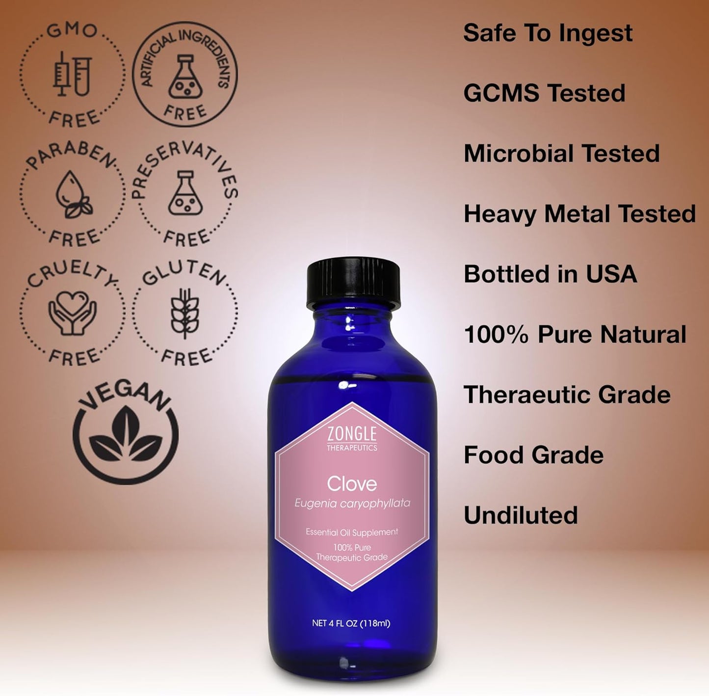 Clove Oil, Food Grade, for Teeth and Gums, Tooth Aches – 100% Pure, Clove, Bud, Essential, Oil, by Zongle Therapeutics, 4 OZ