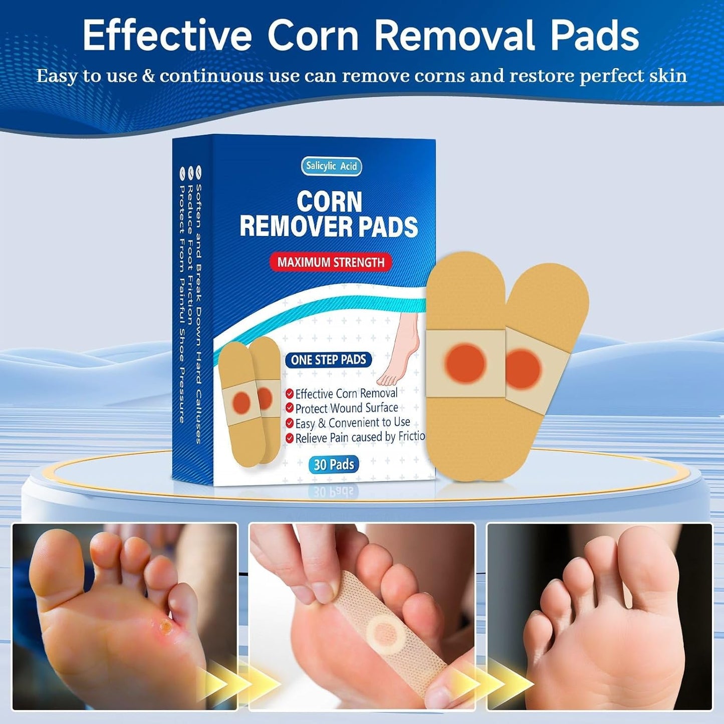 QIYANA Maximum Strength Corn Removers Pads for Feet & Toes - 40% Salicylic Acid Medicated Patches, Breathable All-Day Wear, Fast-Acting Hard Skin Treatment (30 Count)