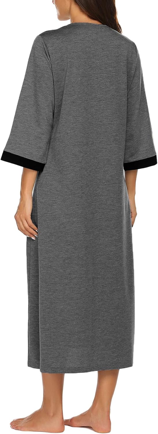 Ekouaer Women Zipper Robe 3/4 Sleeves Loungewear Dress Full Length Sleepwear Pockets Housecoat Nightgown Long Bathrobe