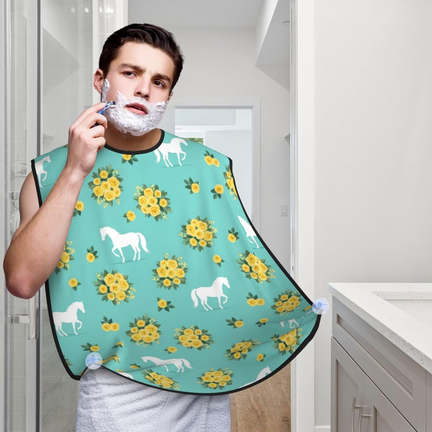 Waterproof Beard Grooming Bib, Floral Horse Roses Print Mint Green Shave Bib, Non-Stick Hair Catcher for Shaving Trimming, Apron Essential for Men Dad