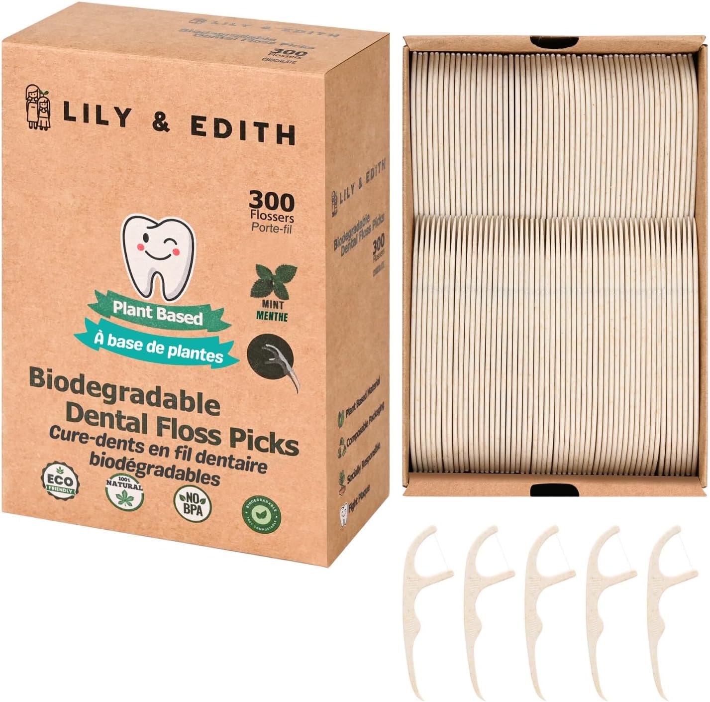 LILY & EDITH Biodegradable Dental Floss Picks Adults and Kids 300 Counts, Fluoride-Free, Plant Based Straw Wheat Material, Zero Waste Package, Shred Resistant (Mint)