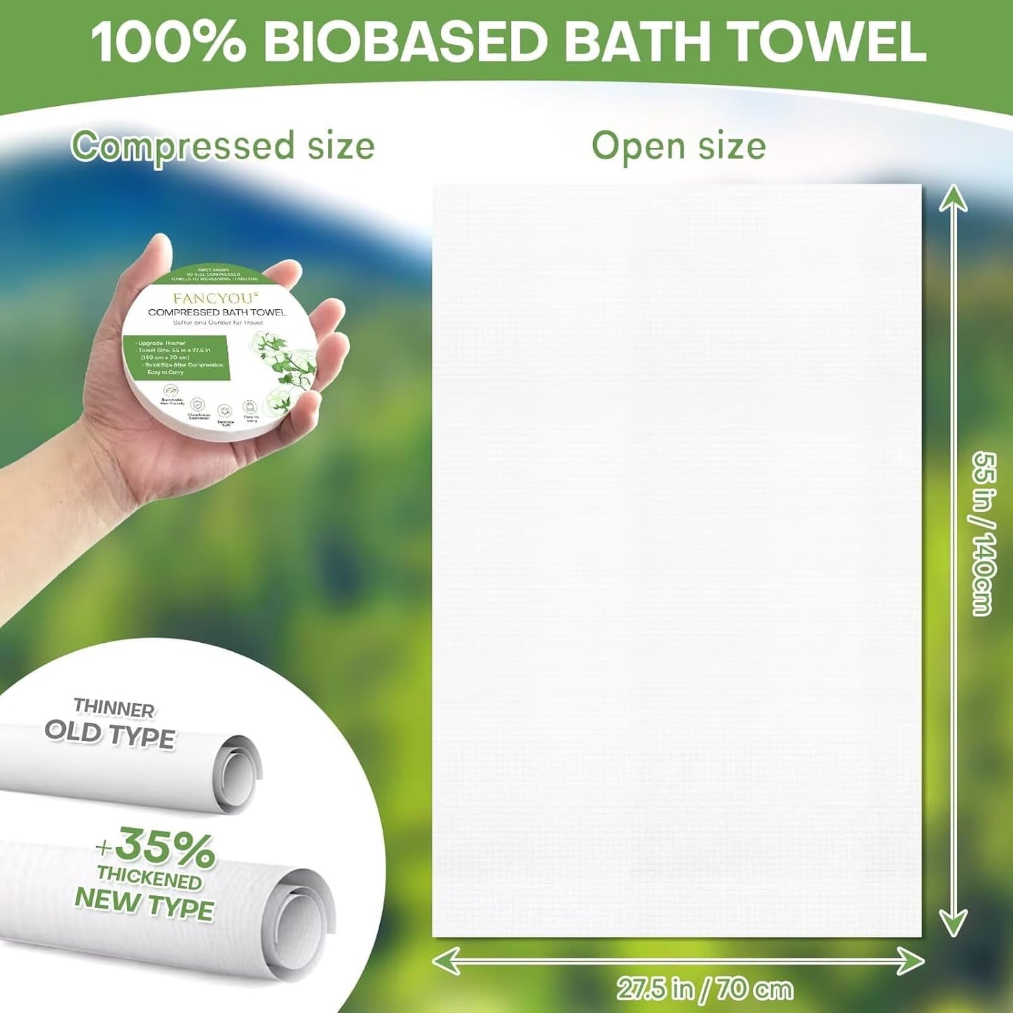 Compressed Bath Towel 5 Pcs 55" x 27.5" Travel Size Mini Disposable Coin Towel Washable & Reuseable Camping Wipe & Cleansing (Green)