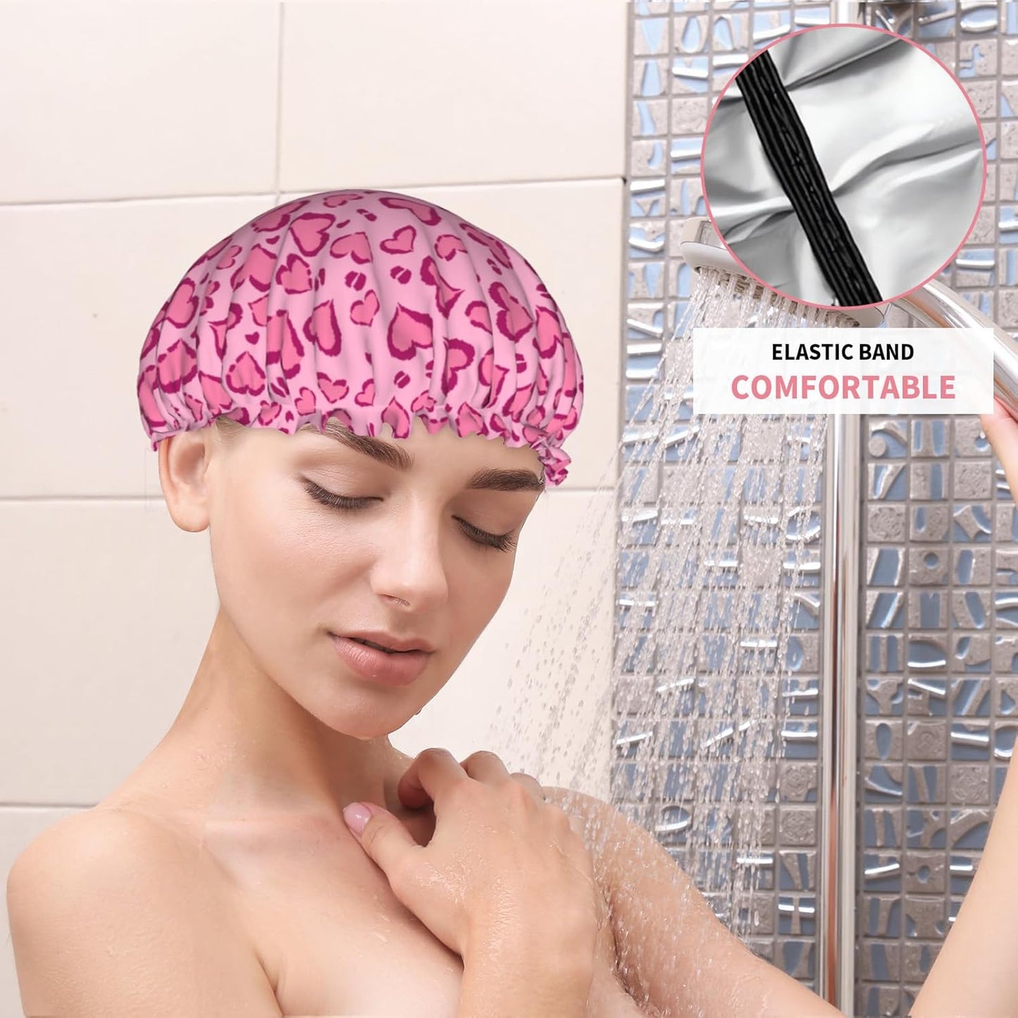 Hot Pink Shower Caps Heart Leopard Print Dual-Layer Waterproof Bath Hat Reusable Hair Caps Elastic Hair Hat for Shower Cooking Clean Makeup Travel