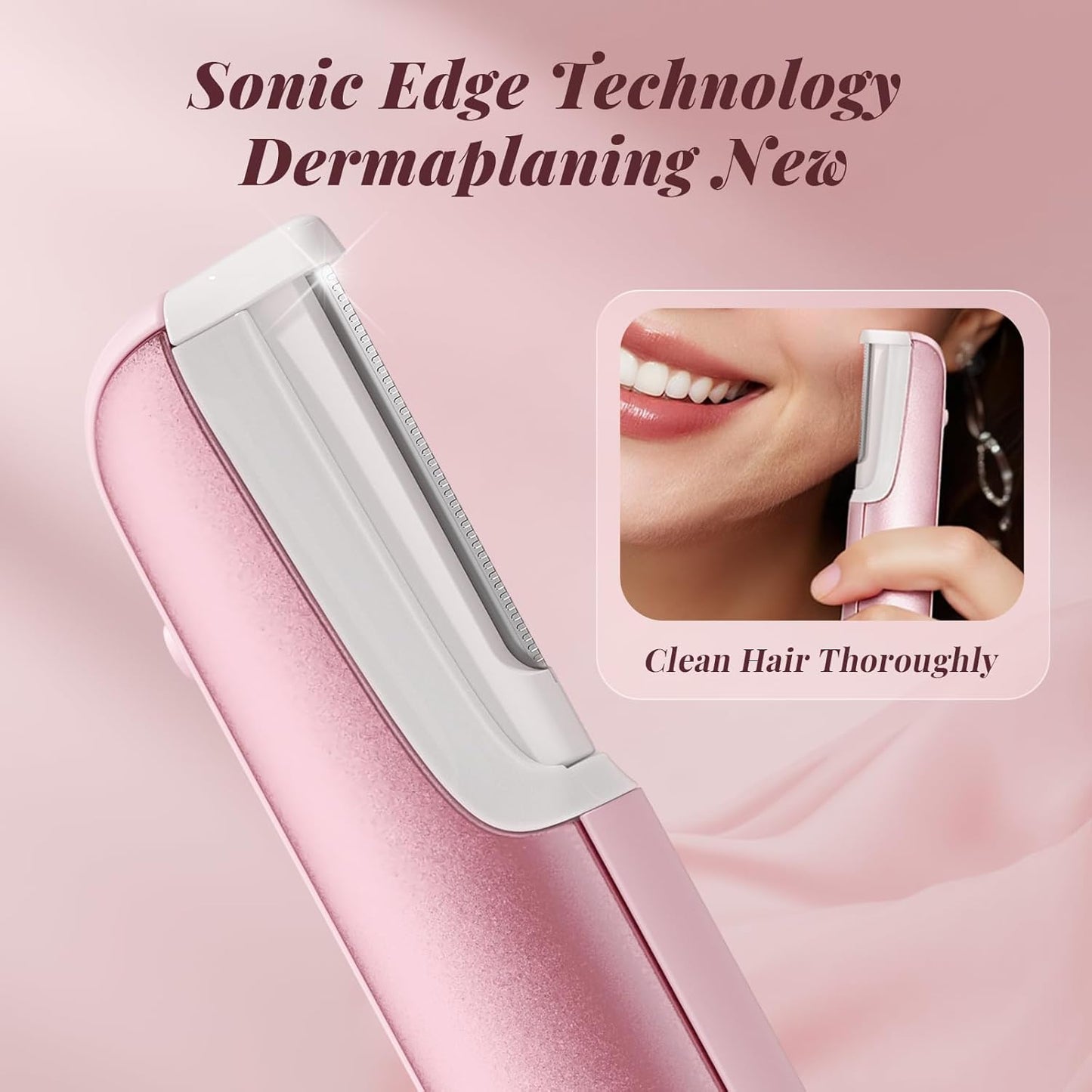Dermaplane Razor for Women Face, BNU Facial Hair Remover for Anti-Aging - Rechargeable - LED Light - Sonic Edges - 3 Speeds, Ergonomic Handle Face Dermaplaning Tool 10 Weeks, Pink