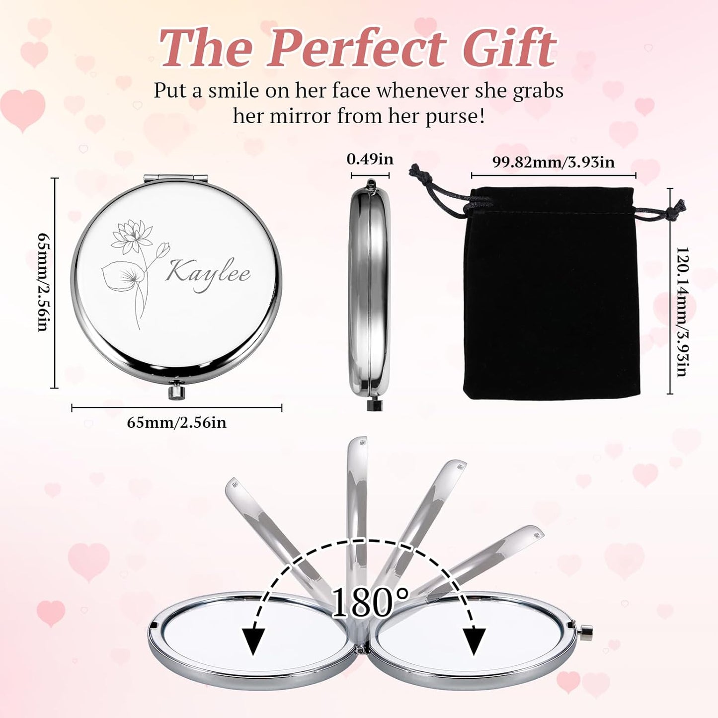 Personalized Compact Mirror, Custom Pocket Mirror with Birth Flower and Name, Small Purse Mirrors for Women, Double-Sided 1X/2X Magnifying Travel Makeup Mirrors, Bridal Shower Gifts, Stocking Stuffers