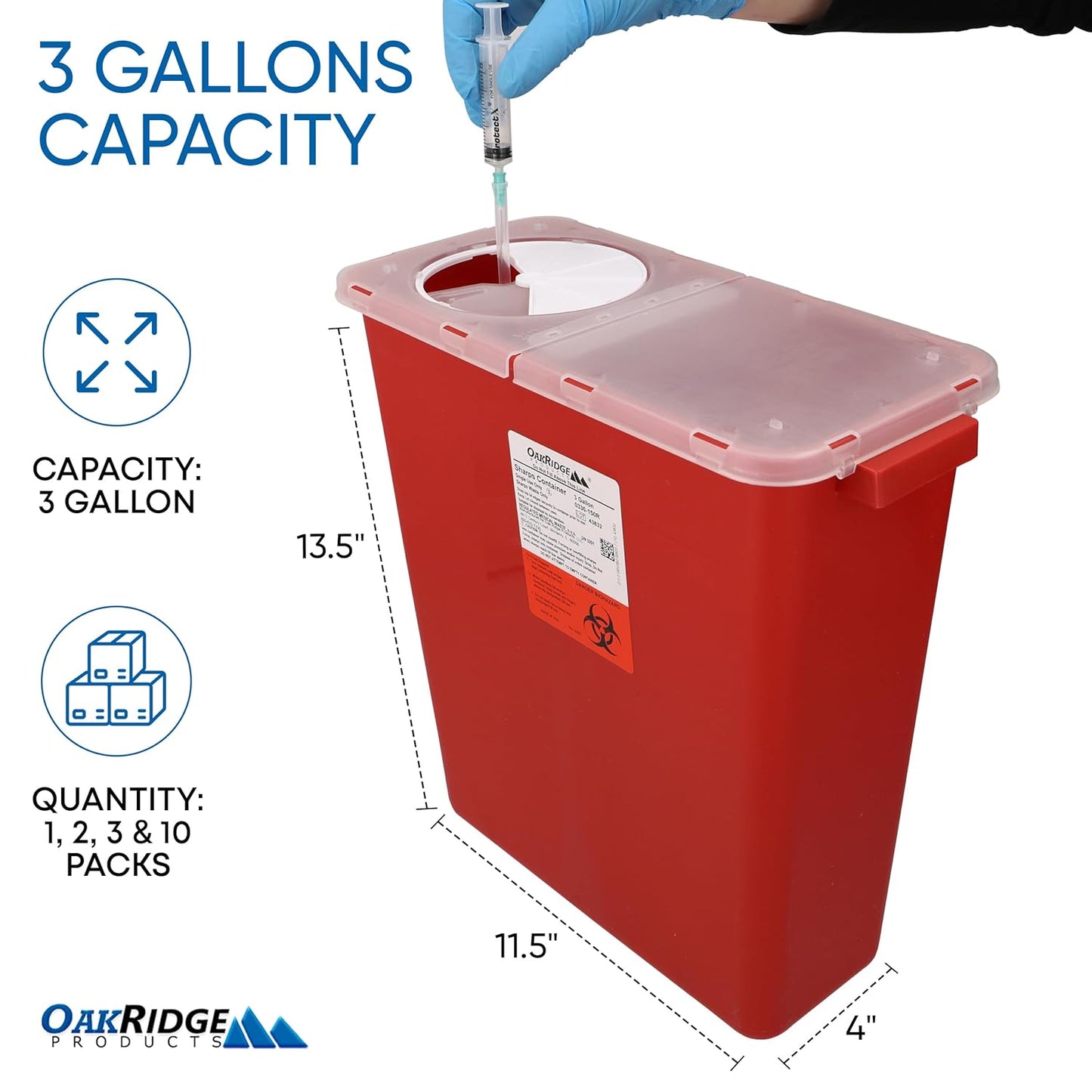 Oakridge Products Large Sharps Container for Home Use and Professional 3 Gallon (2-Pack) with Rotating lid, Biohazard Needle and Syringe Disposal, CDC Certified