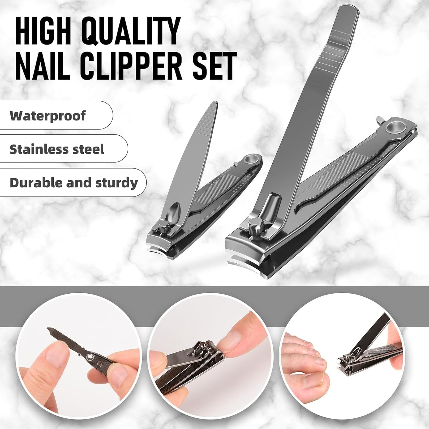 Nail Clipper Set, Sturdy Stainless Steel Fingernails & Toenails Clippers & Nail File, Sharp Effortless Fingernail Toenail Trimmer, Portable Nail Cutter for Women Men(Gray)