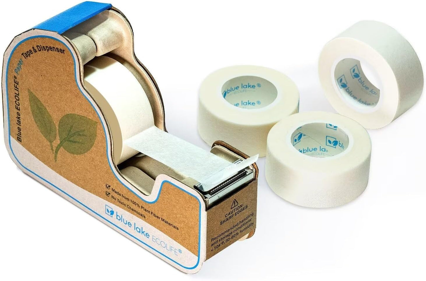 Blue Lake ECOLIFE Masking Tape Dispenser,Plastic-Free Masking Tape Dispenser with 4 Rolls 3/4 in x 550 in Paper Tape, Label Tape Dispenser Desk for Masking, Labeling, Office Home School