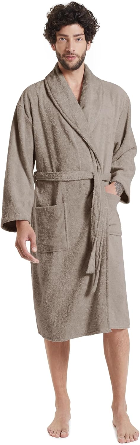 SIORO Mens Terry Bath Robe, Plush Hooded Cotton Cloth Knee-Length Robes for Spa, Shower, Soft Towel Bathrobes with Pockets