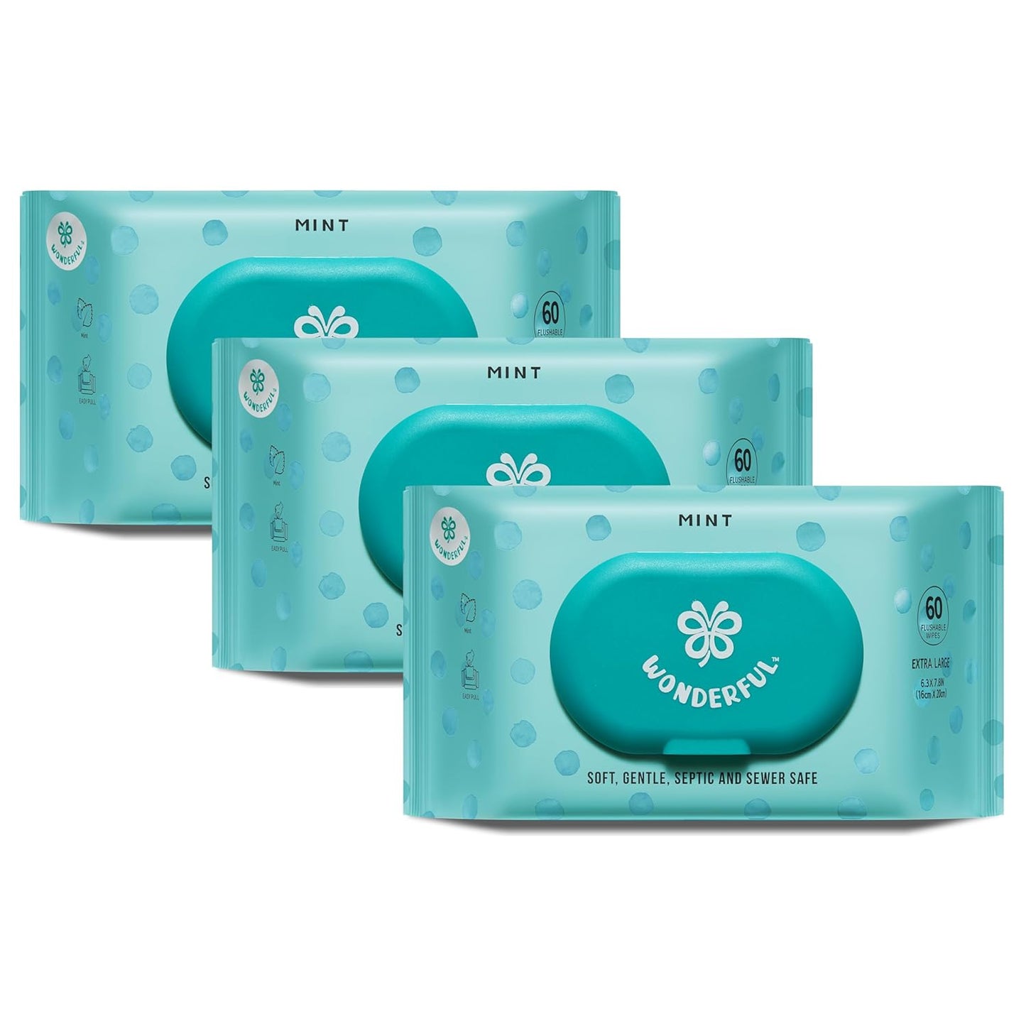 WONDERFUL Flushable Wipes, Mint 100% Plant-Based Wet Wipes for Adults & Kids, Sewer & Septic Safe, Gentle for Sensitive Skin, Wipes Flushable Pack for Bathroom & Travel, 3-Pack (180 Counts)