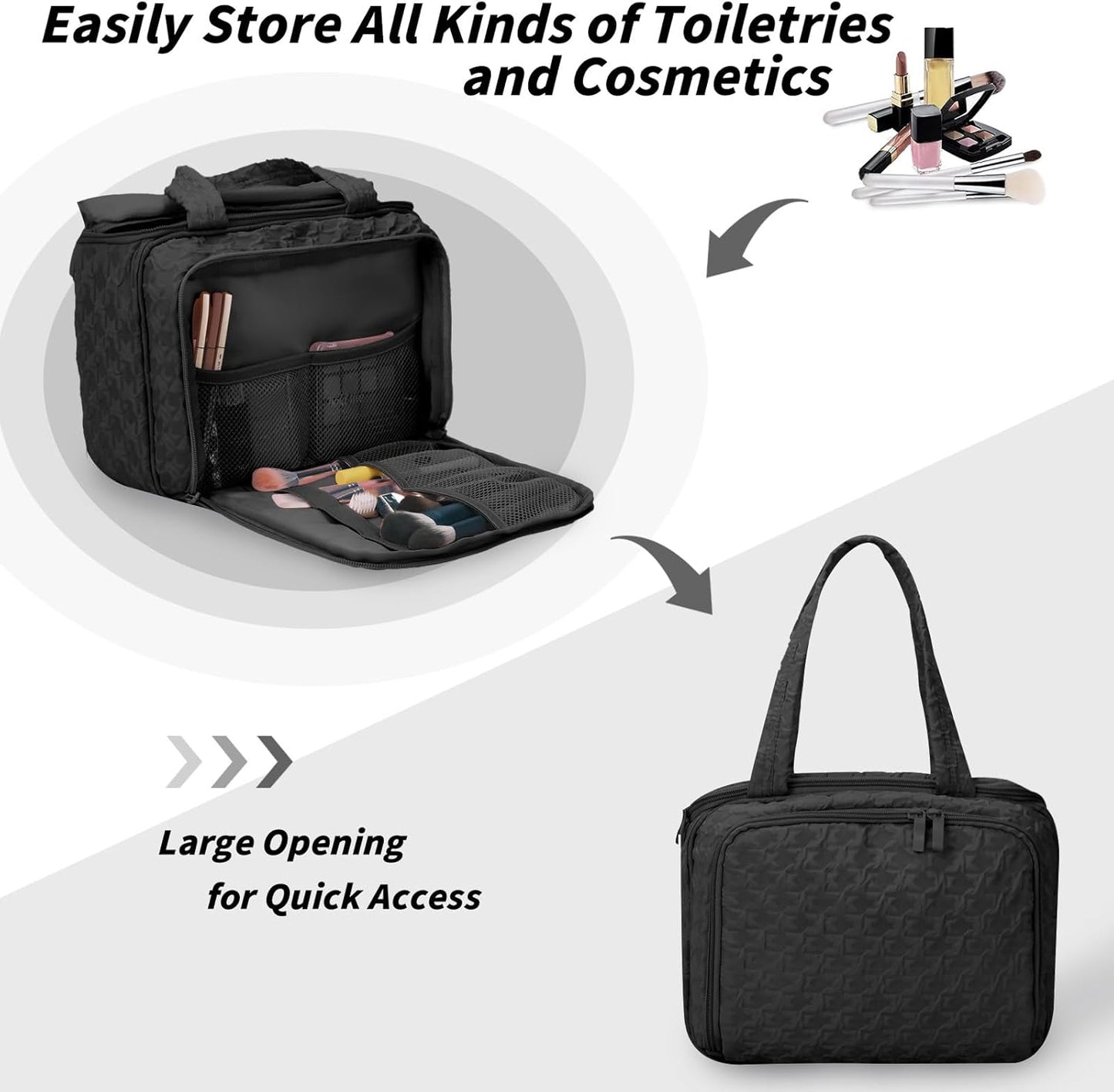 SUNRISING Travel Toiletry Bag Makeup Bag for Women, Large Water-Resistant Travel Cosmetic Make Up Bag with Handle,Travel Toiletry Bags for Compartments Accessories Essentials-Black