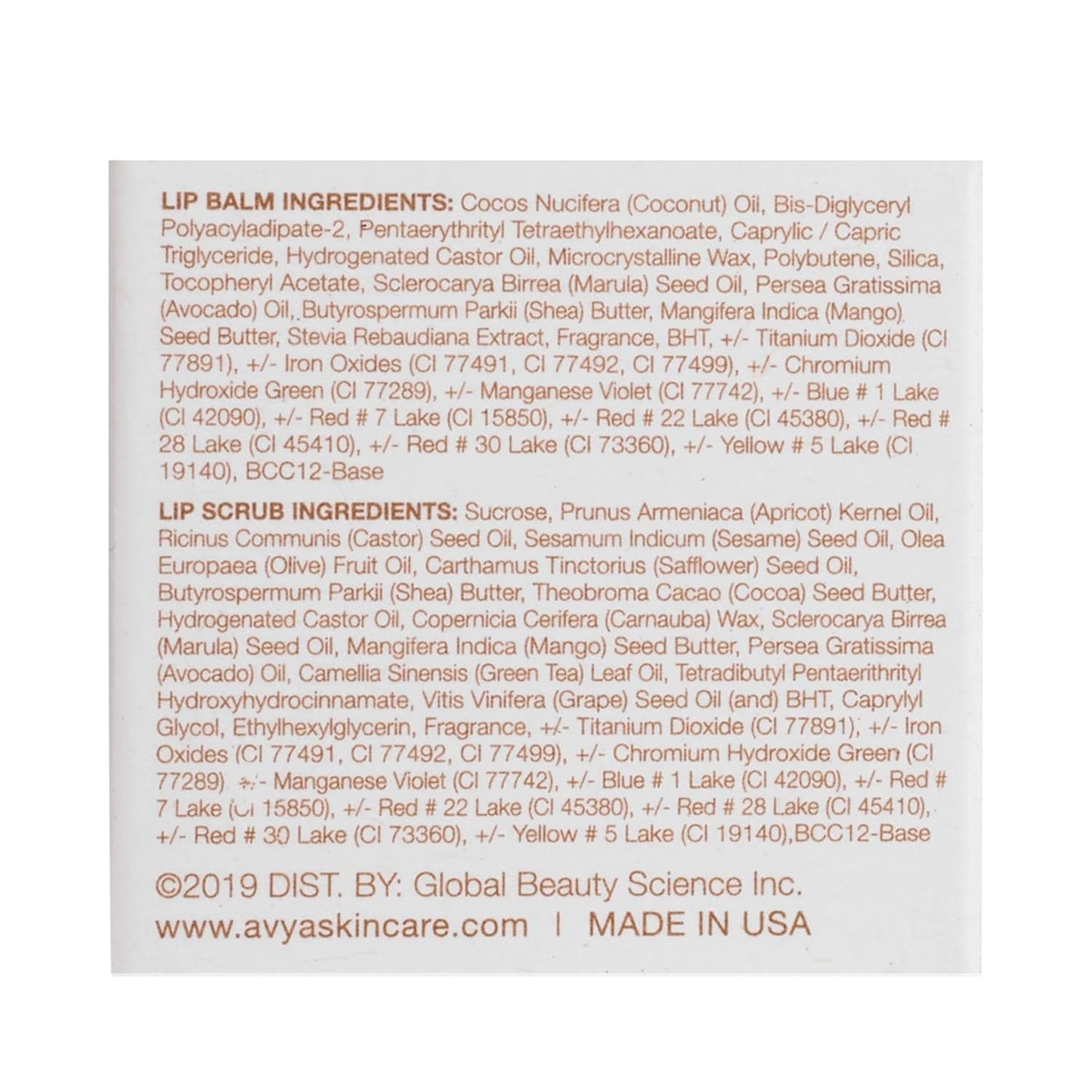 Avya Skincare Two-In-One Lip Treatment/Sugar Scrub Exfoliates and Softens Lips/Balm with Marula and Mango Moisturizes and Nourishes / .07oz