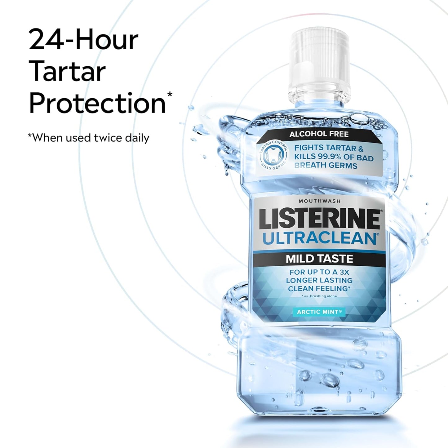 Listerine Ultraclean Alcohol-Free Tartar Control Mouthwash, Oral Rinse Fights Stain Build Up to Help Keep Naturally White Teeth, Less Intense Arctic Mint Flavor, 1L