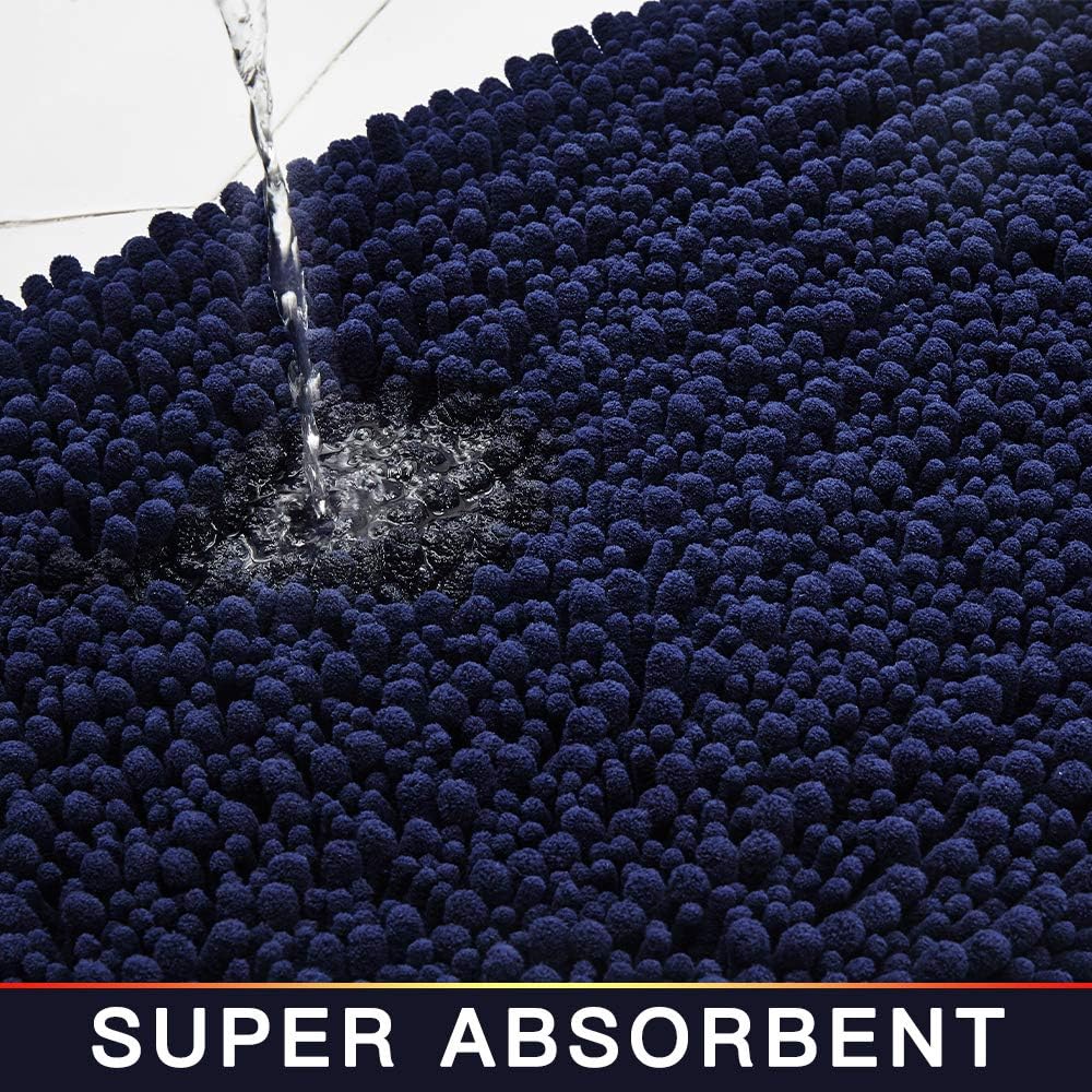 Walensee Bathroom Rug Non Slip Bath Mat (32x20 Inch Navy) Water Absorbent Super Soft Shaggy Chenille Machine Washable Dry Extra Thick Perfect Absorbant Best Large Plush Carpet for Shower Floor