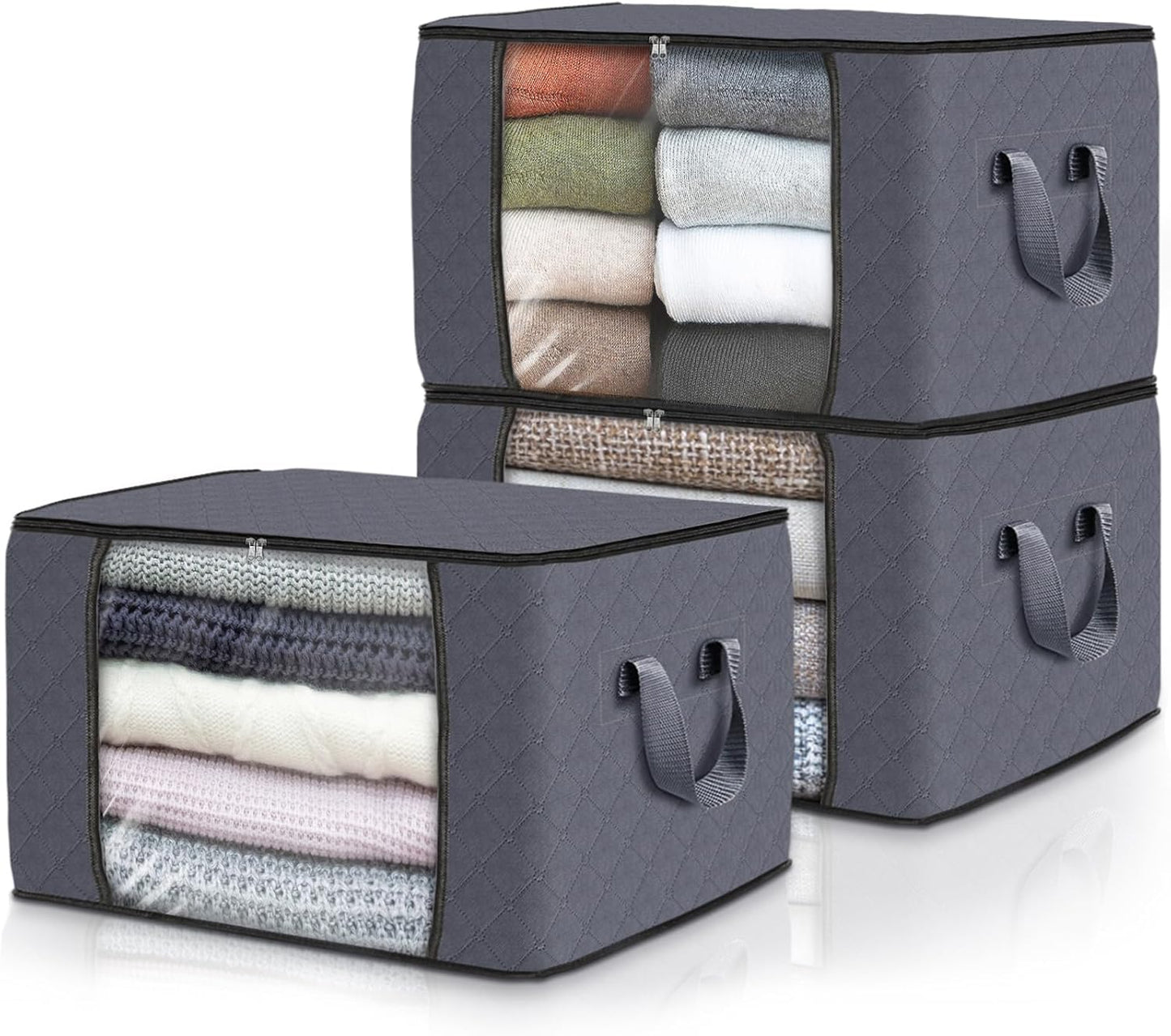 Fab totes 3-Pack Clothes Storage, Foldable Blanket Storage Bags, Containers for Organizing Bedroom, Closet, Clothing, Comforter, Organization with Lids and Handle, Grey
