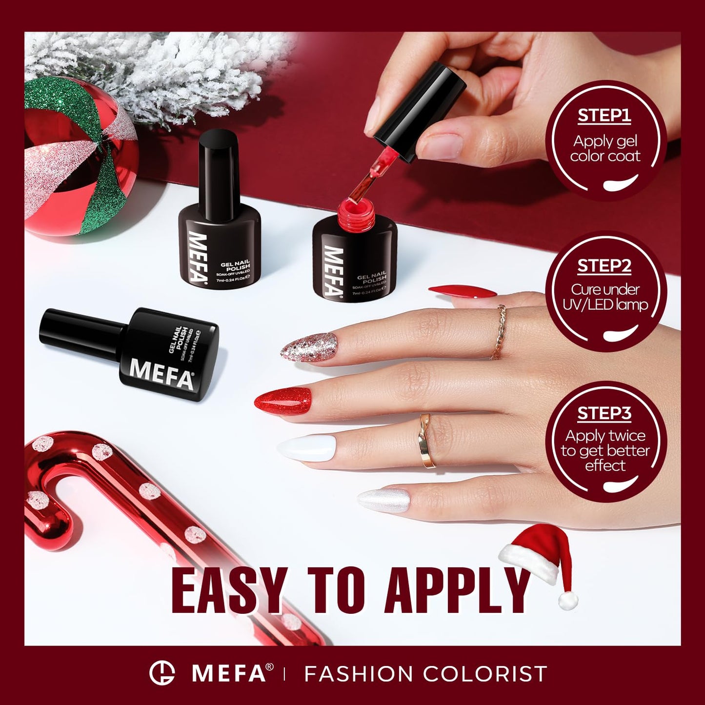 MEFA 6 Colors Red Gel Nail Polish Set, Fall Winter Christmas Glitter Shades Sparkle Silver Champagne Love Times Tones Salon Decorations Nail Art Design at Home Manicure DIY Kit Gifts for Women Girl