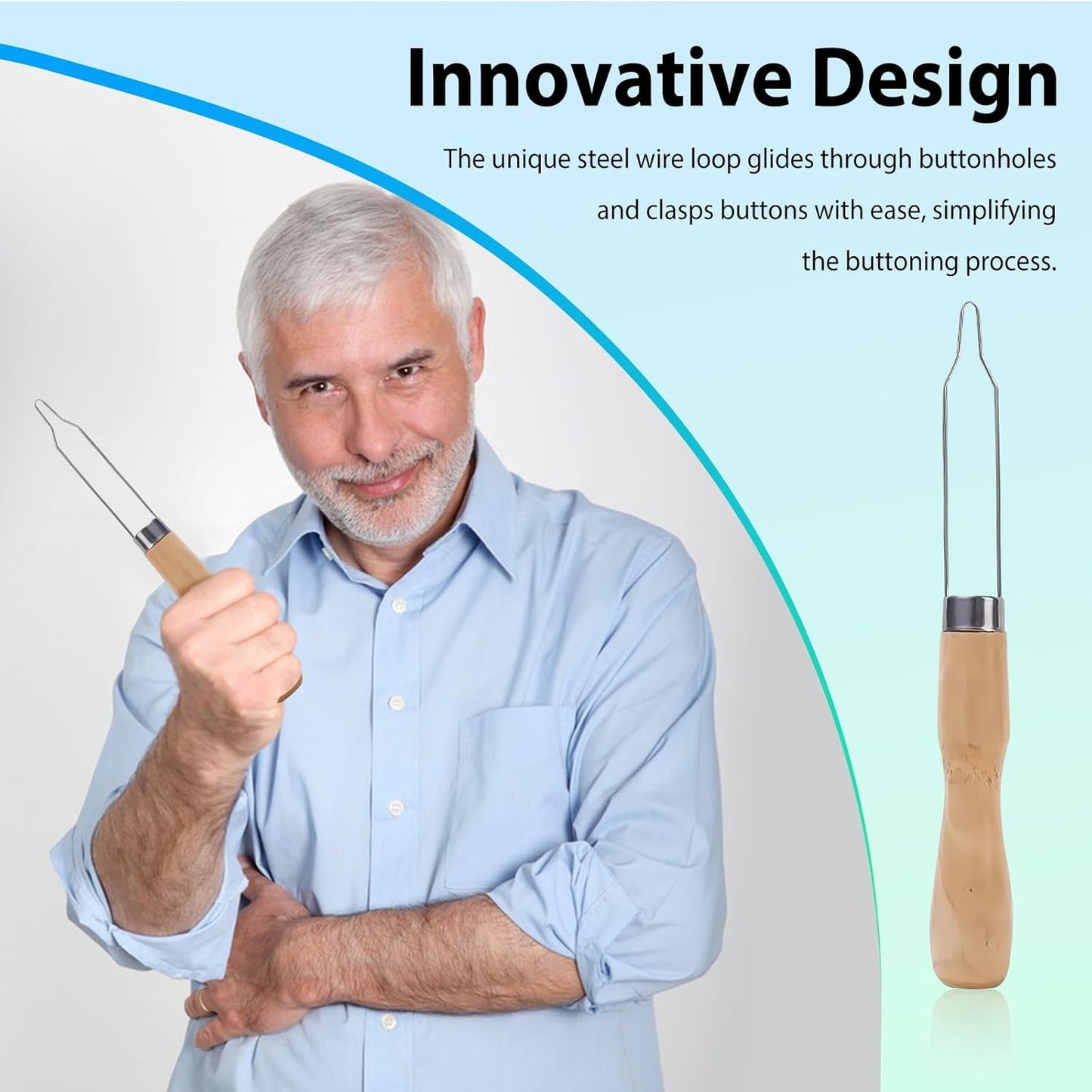 2pcs Button Hook Assist Device with Easy-Grip Wooden Handle for Shirts, Coats, Dresses - Ideal Button Aids for Arthritis & Limited Dexterity Fine Tip